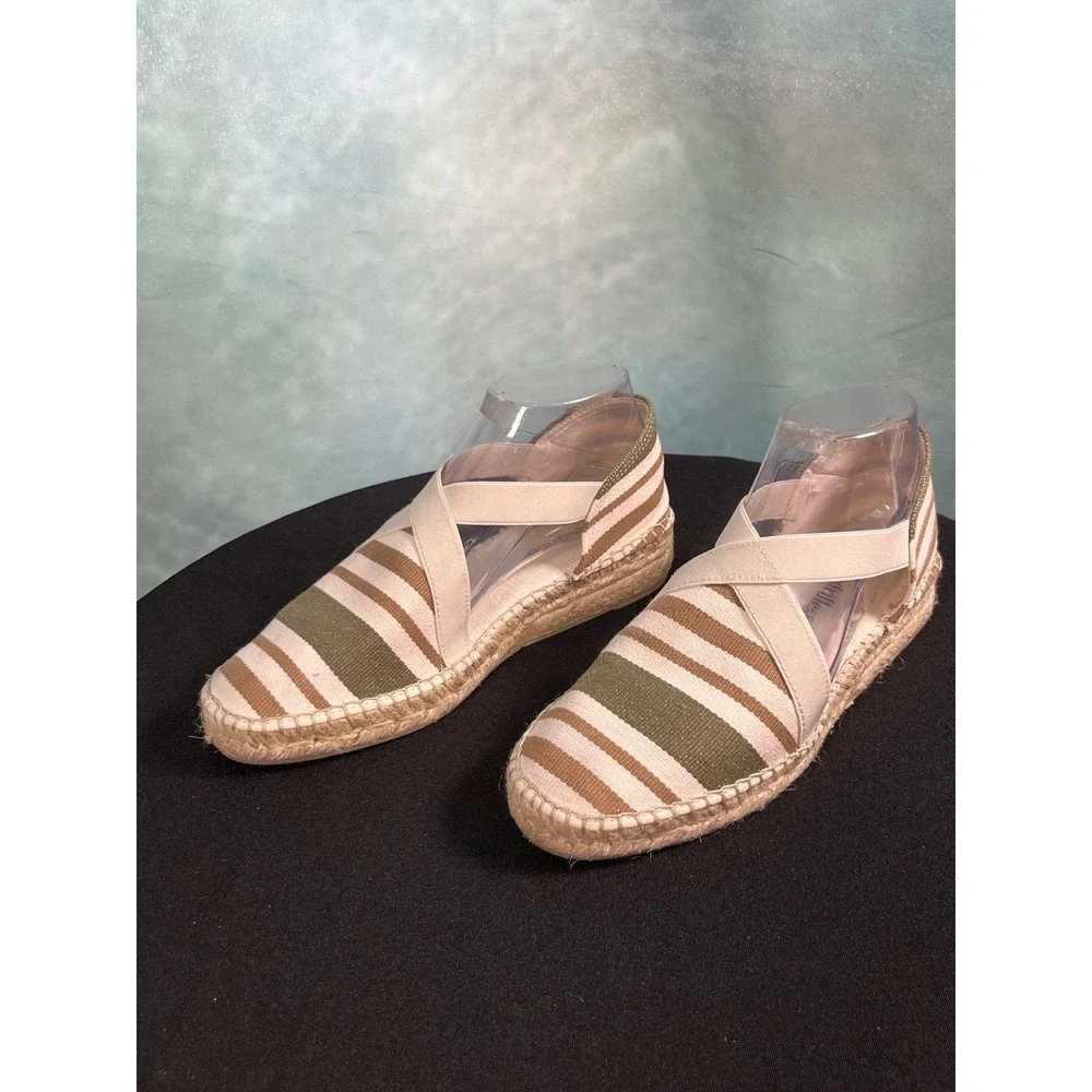 2Espadrilles‎ Women Striped Canvas Elastic Strap Espadrille Flats Olive Tan 39
